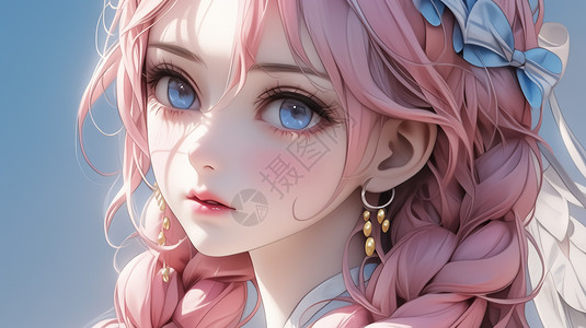 大脸鸡排蓝色大眼睛闪闪发光粉红色的长发的女孩插画