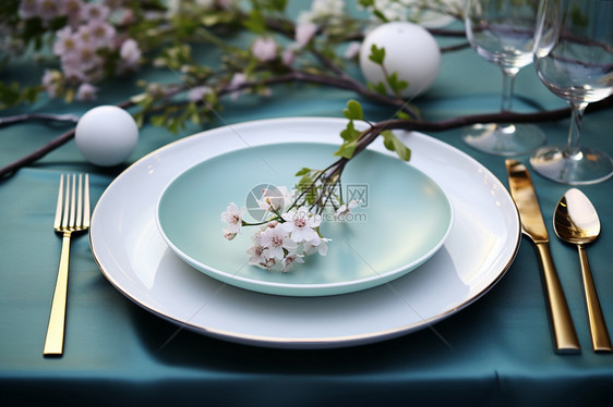 绿色装饰风格餐具餐盘中的花朵图片