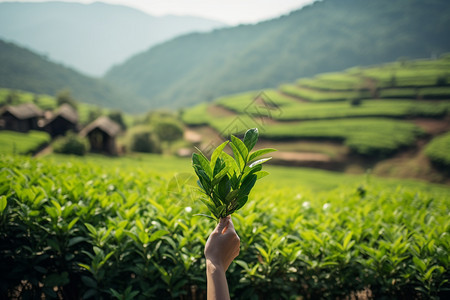 田野中拿着植物的人图片