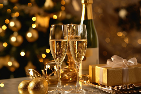 圣诞节的礼物和香槟图片