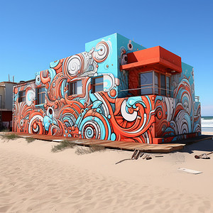 海滩上的涂鸦墙图片