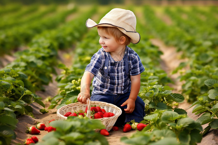 可爱的男孩在摘草莓背景图片