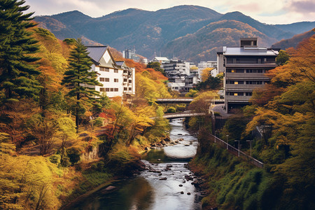 秋季日本小镇溪流图片