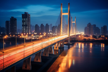 点亮道路夜晚灯光点亮城市大桥背景