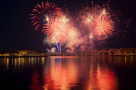 夜晚海放烟花庆祝节日背景