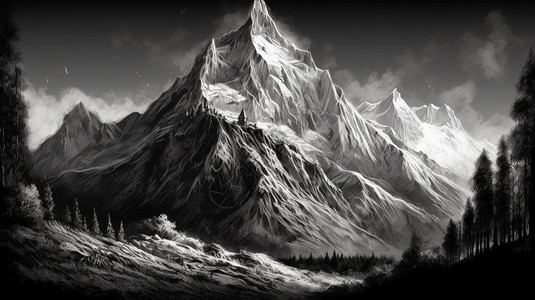 雪山黑白黑白背景的雪山山脉插画