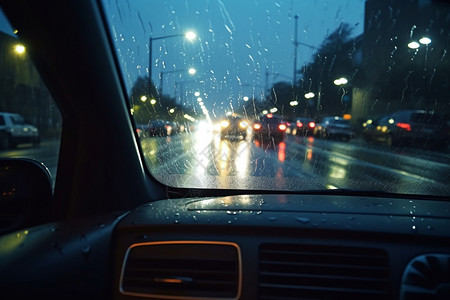 夜晚下雨时驾驶的汽车视觉背景图片