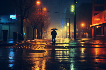 街头漫步雨夜淋湿的城市街头背景