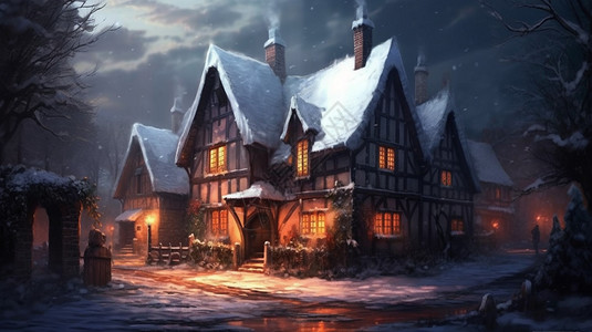圣诞节雪景下的房子图片