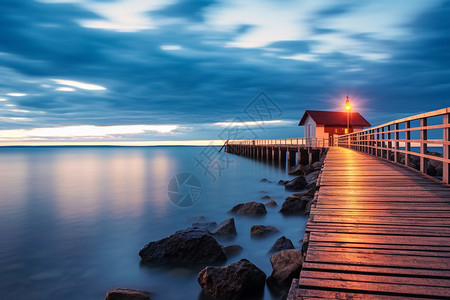 夜晚的灯塔夜色下的海边背景