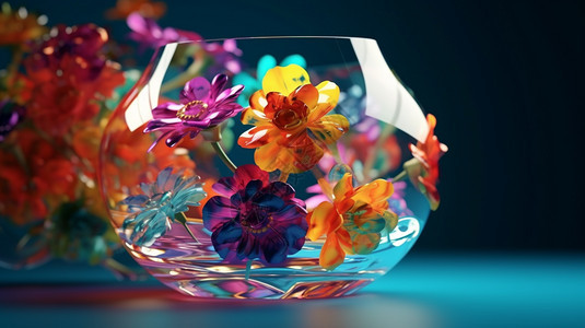 3D创意花瓶中的彩色花朵图片