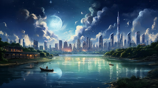 蓝天星空湖面科幻城市建筑背景图片