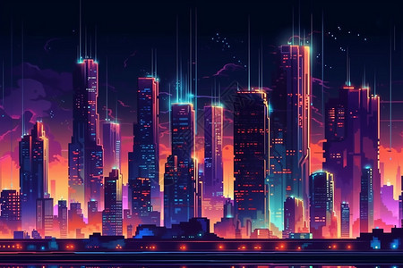 城市中高耸的摩天大楼和霓虹灯图片