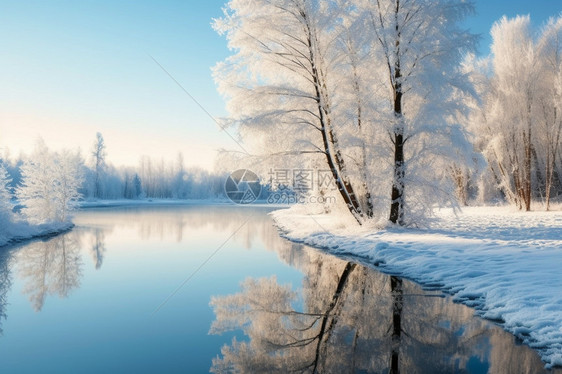 雪后的树林河流图片