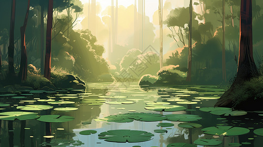 森林林荫中的池塘插图图片