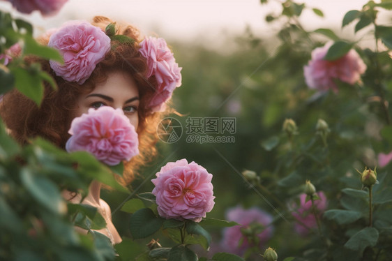 花丛中的年轻女孩图片