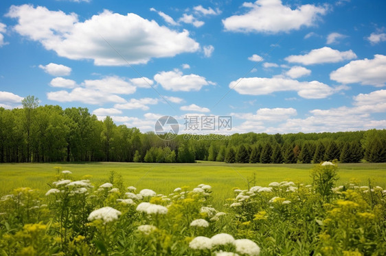 草原上的花朵和蓝天白云图片