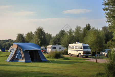 夏季公园度假的露营地背景图片