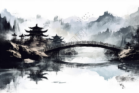 一幅中式桥梁水墨画图片