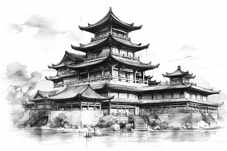 水墨柱子水墨宫殿建筑插画