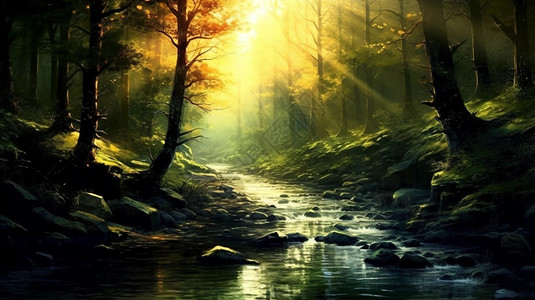 阳光穿过树林的风景图片
