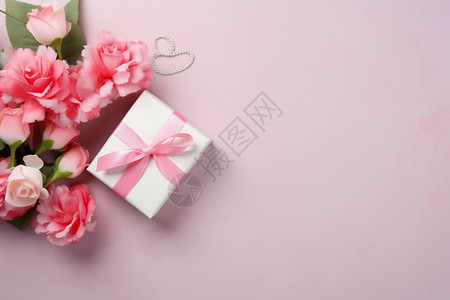 粉红色玫瑰围绕的礼物图片