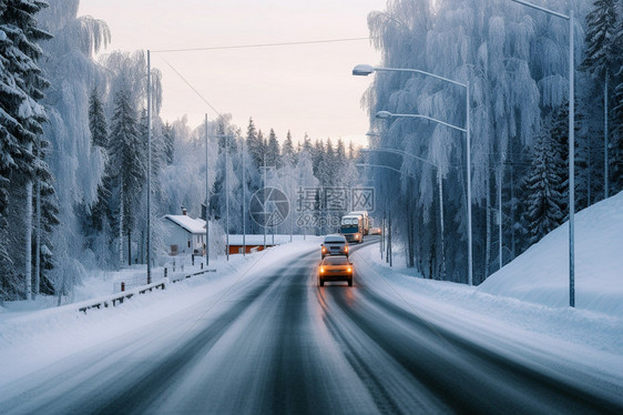 汽车在冰雪路上慢行图片