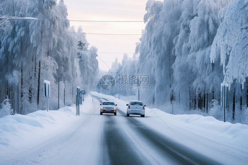 车辆行驶在雪路上图片