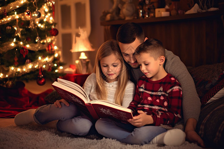 父亲陪儿子和女儿看书图片