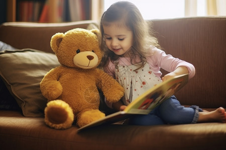 书籍和相册沙发上的玩具熊背景