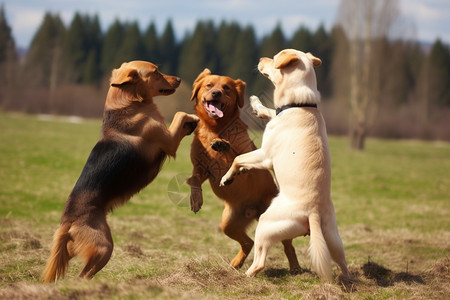 户外公园草地上的三只狗狗图片
