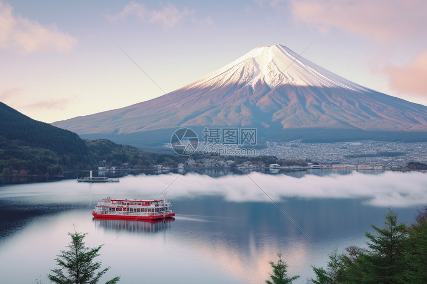 雪山下的湖面观光船图片