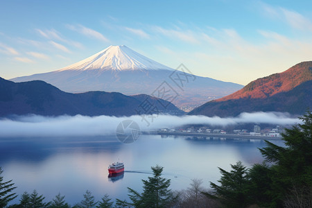 雪山下平静的湖面图片