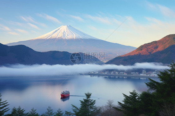 雪山下平静的湖面图片