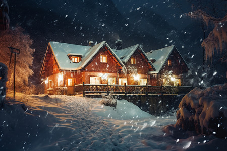 冬季亮灯的房屋图片