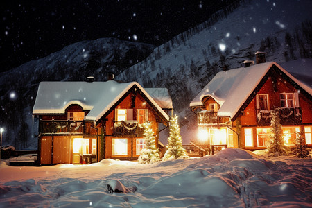 亮灯房子冬季夜晚的房屋背景
