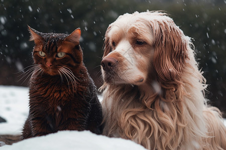 冬季户外的猫狗背景图片