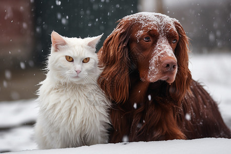 户外雪地中的猫狗图片