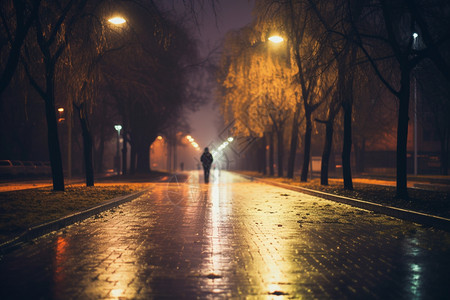 雨天路灯城市街道中的行人背景