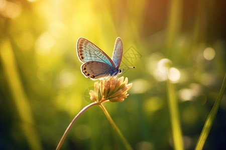 草地上的动物停留在花朵上的蝴蝶背景