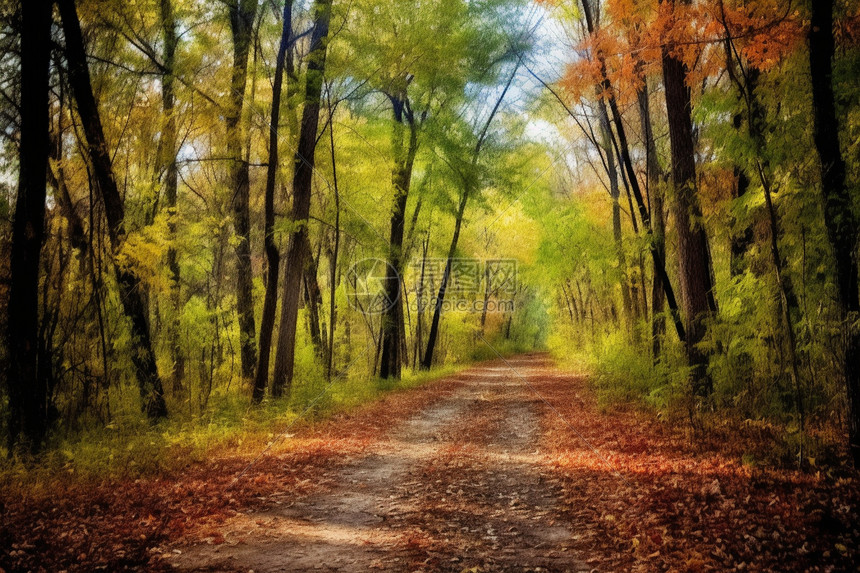布满落叶的林中小路图片