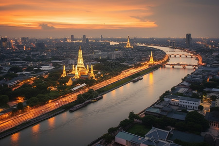 泰国曼谷夜景黄昏下的曼谷景象背景