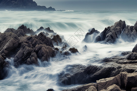 海浪打湿了岩石图片
