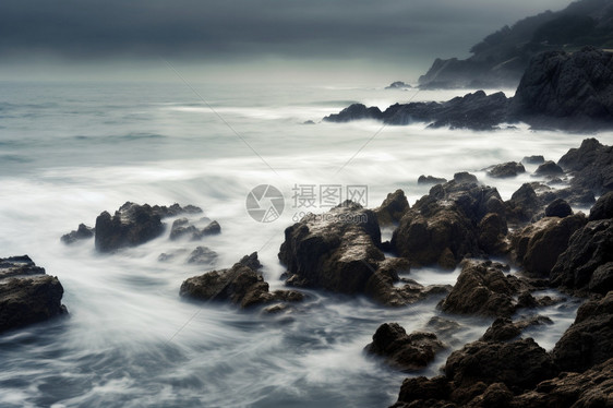 汹涌海浪和岩石图片