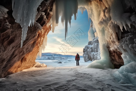 背包客和冰洞穴图片