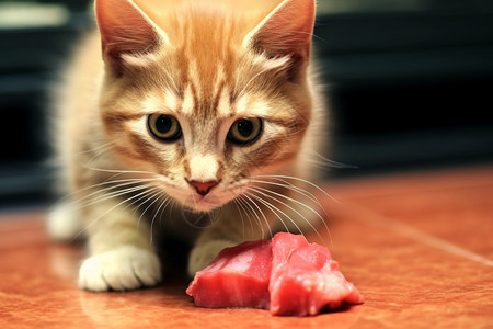 猫咪身旁有块生肉图片