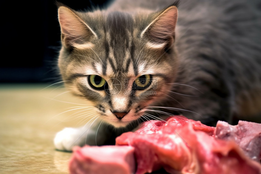 小猫紧紧盯着肉图片