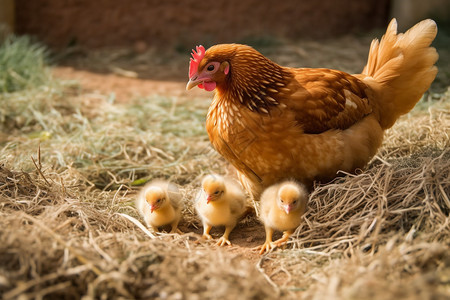农村养殖场中的母鸡和鸡仔图片