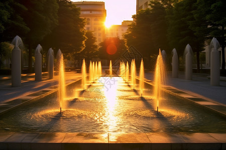 城市夕阳下的喷泉图片