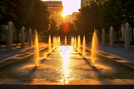 城市夕阳下的喷泉背景图片